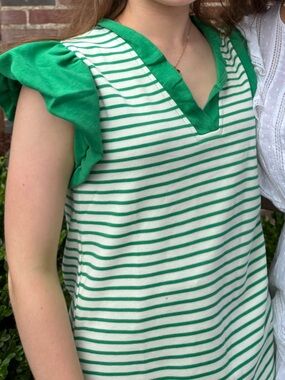 Green & White Striped Ruffle Sleeve Top